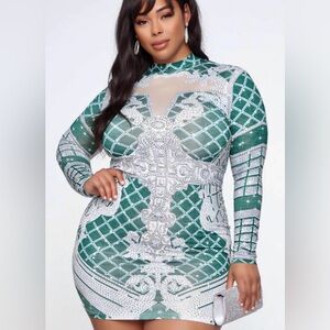 Fashion Nova Oh So Fancy Geometric Long Sleeve Sequin Dress in Green and White